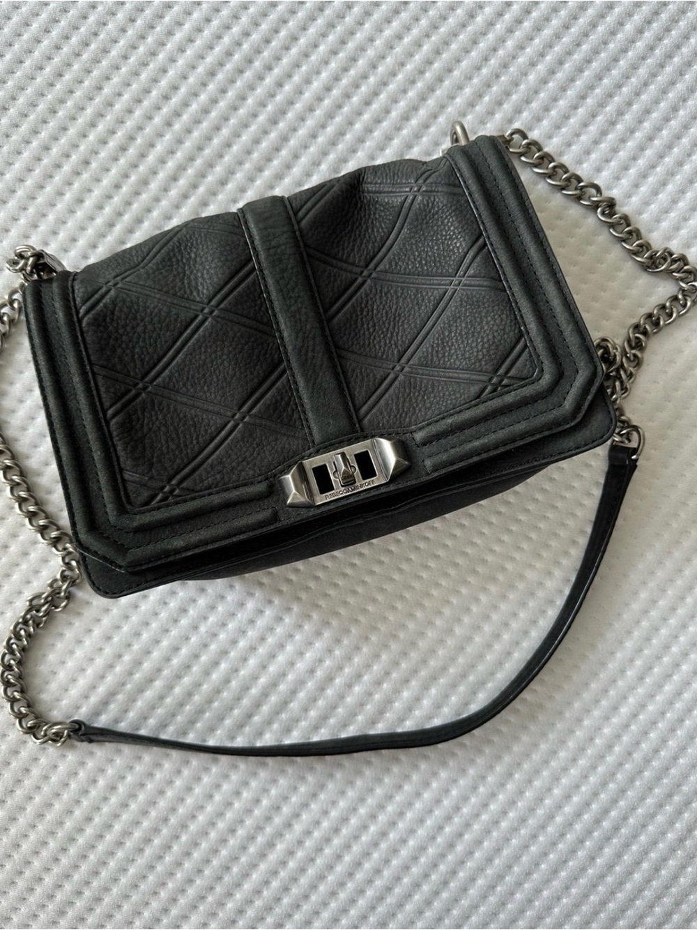 Black Quilted Leather Crossbody Bag with Silver Chain